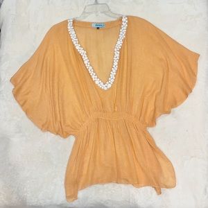 Reneta J  peachy linen looking blouse with stone neckline